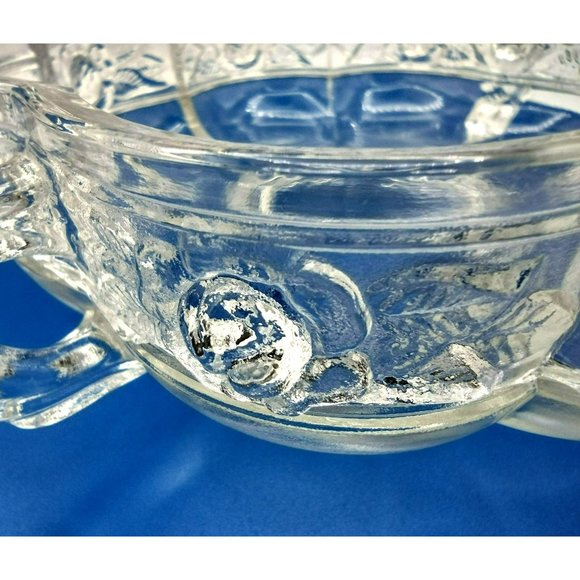 Pressed Glass Dish Bowl Embossed Roses Ornate Handles Vintage Pedestal Bottom - Picture 6 of 15